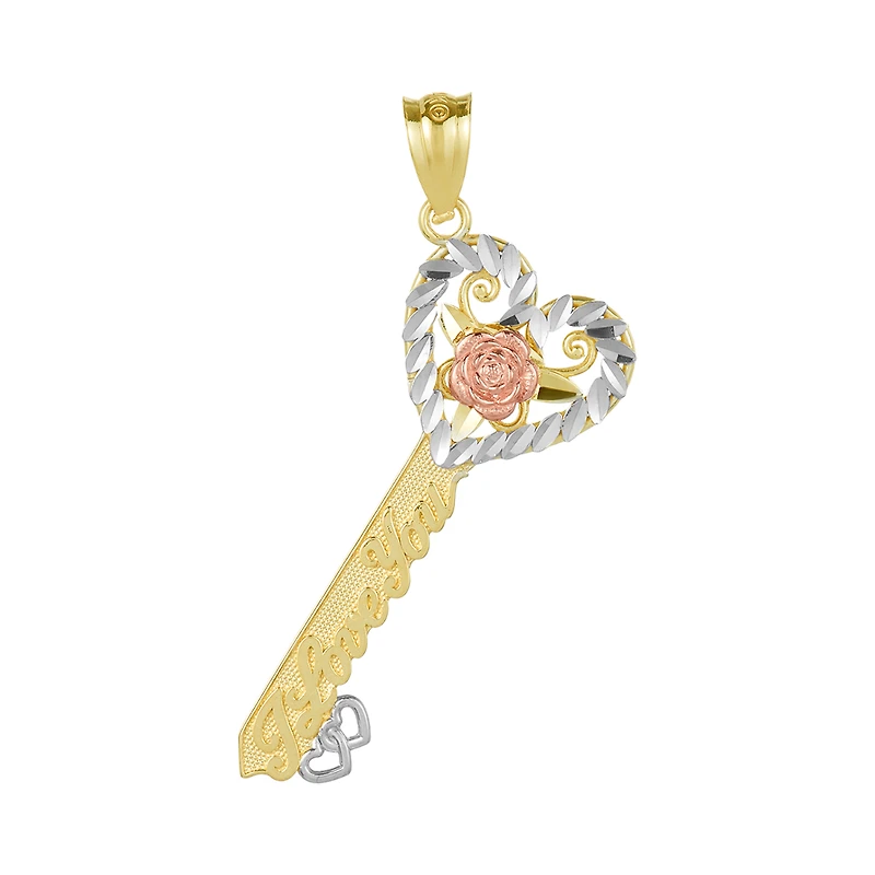 14K Tri Color Gold Heart Key Pendant