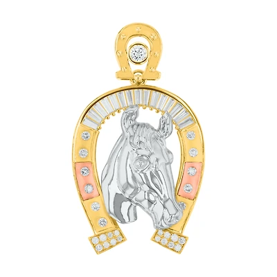 14K Gold Tri Color Horseshoe with Cubic Zirconia Pendant