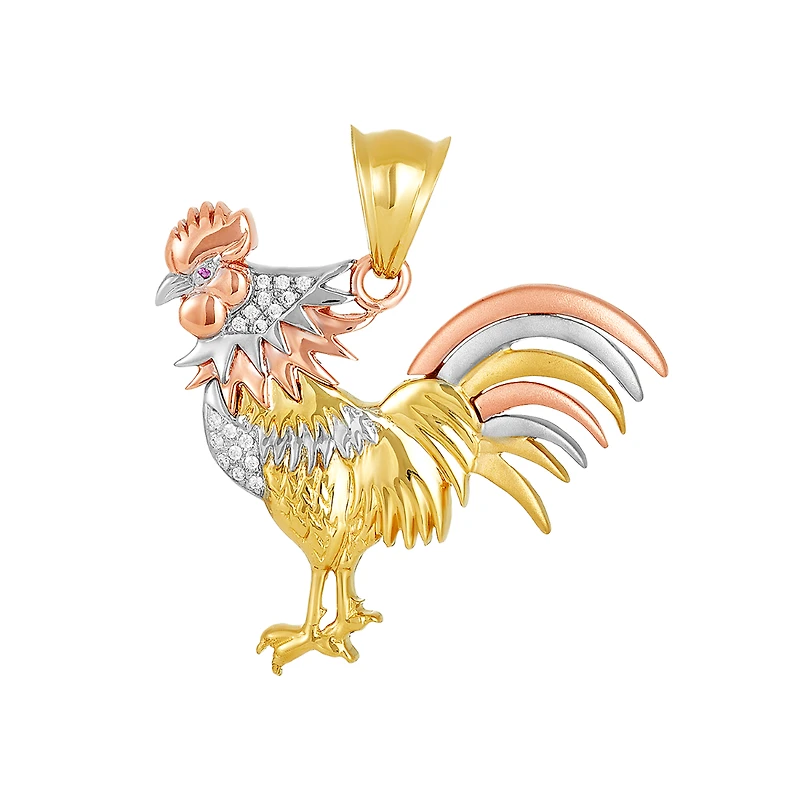 14K Tri Color Gold Rooster 40mm Pendant