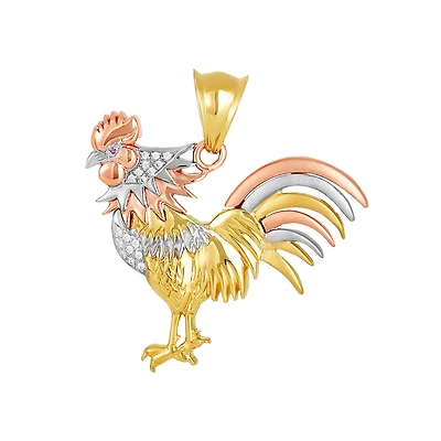 14K Tri Color Gold Rooster 40mm Pendant