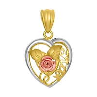 14K Tri Color Gold Heart Rose "Love" Pendant