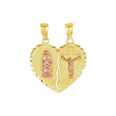 14K Gold Two-Tone Break-Away Guadalupe and Crucifix Heart Pendant