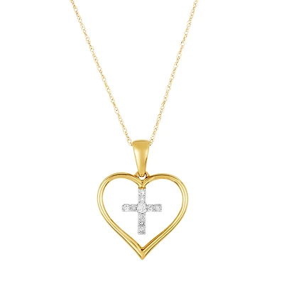 10K Two Tone Heart and Cross Diamond Necklace