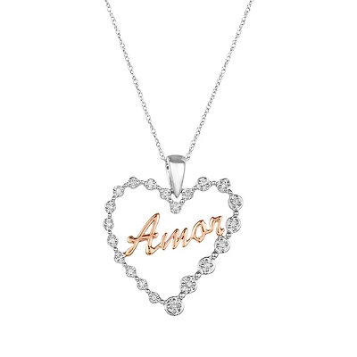 14K White Gold Heart "Amor" Diamond Necklace