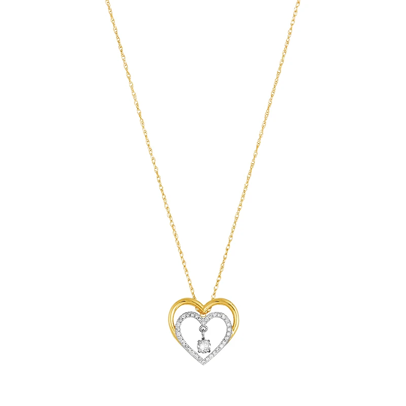 14K Two Tone Gold Heart Swinging Diamond Necklace