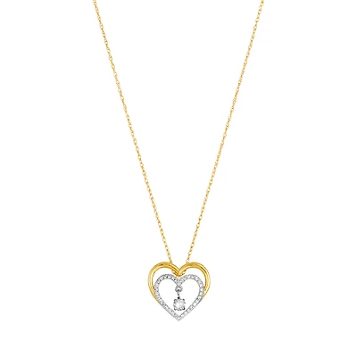 14K Two Tone Gold Heart Swinging Diamond Necklace