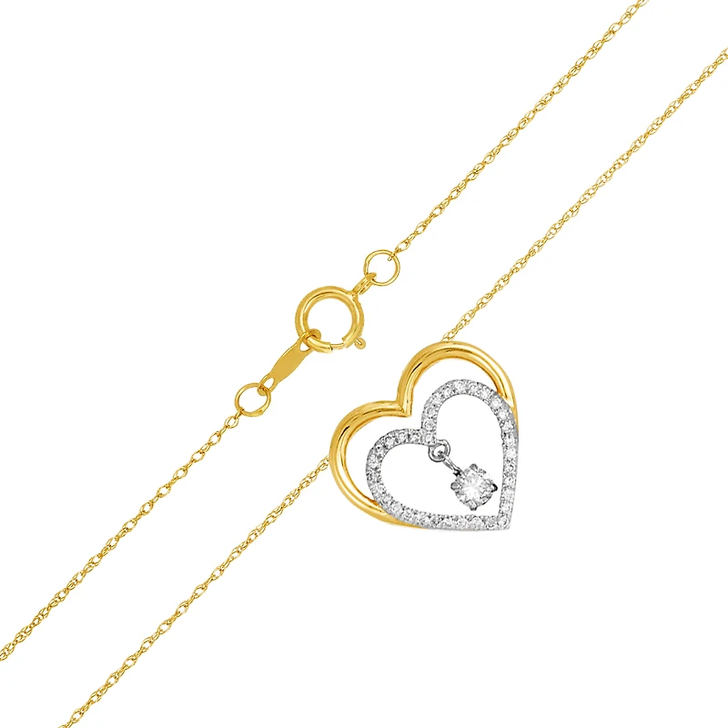 14K Two Tone Gold Heart Swinging Diamond Necklace