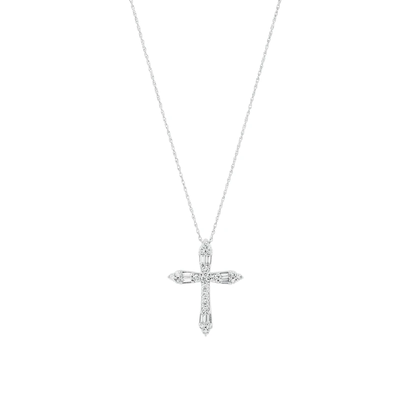 14K White Gold Diamond Cross Necklace