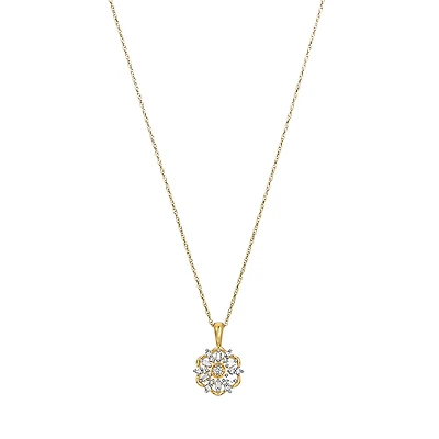 14K Yellow Gold Diamond Flower Pendant Necklace