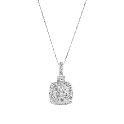 14K White Gold Baguette and Round Cluster Diamond Pendant Necklace