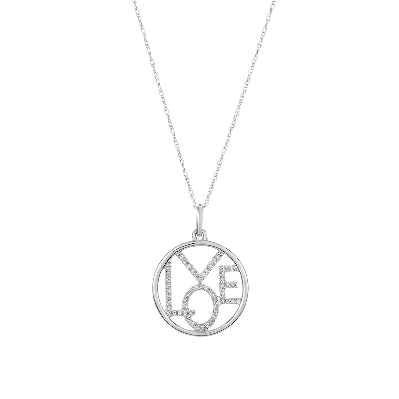 10K White Gold Circle "LOVE" Pendant Necklace