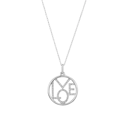 10K White Gold Circle "LOVE" Pendant Necklace