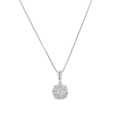 14K White Gold Round Diamond Cluster Pendant Necklace