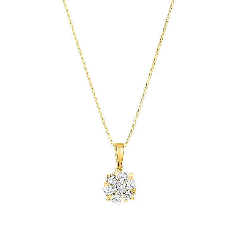 14K Yellow Gold Round Diamond Cluster Pendant Necklace