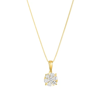 14K Yellow Gold Round Diamond Cluster Pendant Necklace