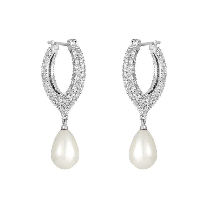 Silver Cubic Zirconia Teardrop Pearl Earrings