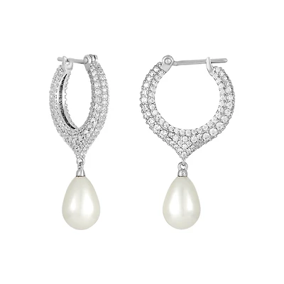 Silver Cubic Zirconia Teardrop Pearl Earrings
