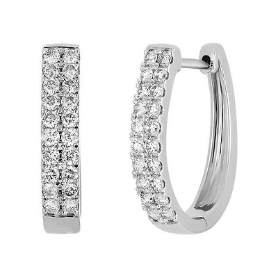 14K White Gold Oval Pave Diamond Hoop Earrings