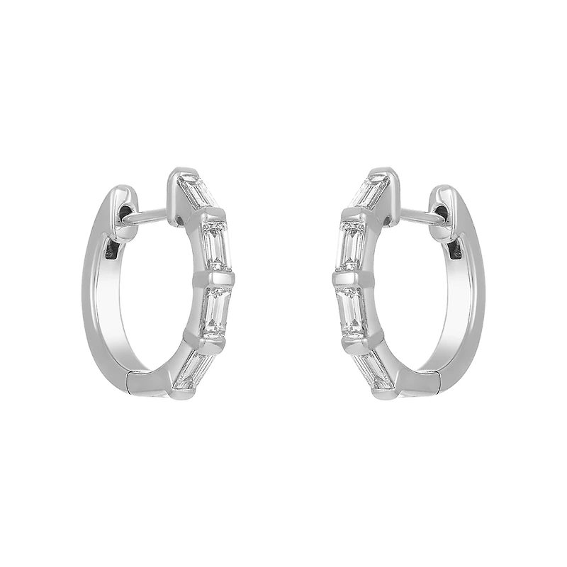 14K White Gold Baguette Diamond Huggies