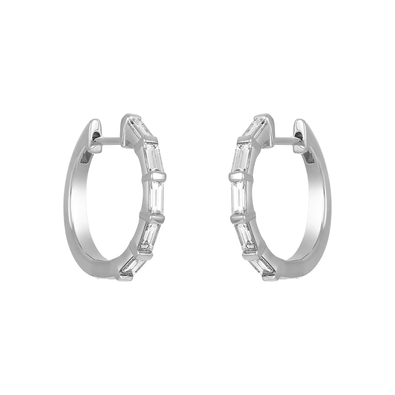 14K White Gold Baguette Diamond Huggies