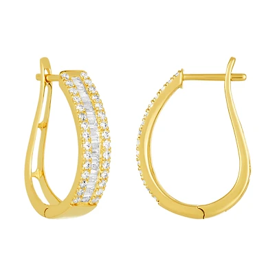 14K Yellow Gold Baguette and Round Cut Diamond Hoops