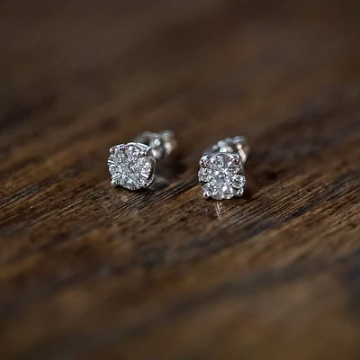 14K Gold Round Cluster Diamond Stud Earrings
