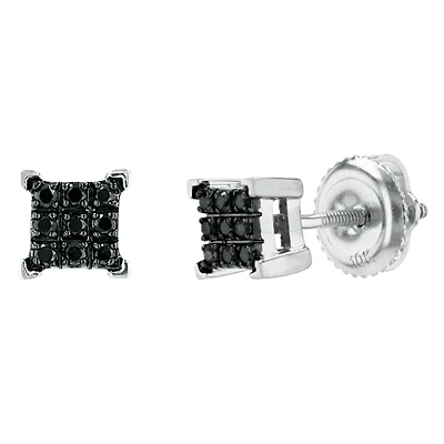 14K White Gold Square Shape Cluster Black Diamond Studs