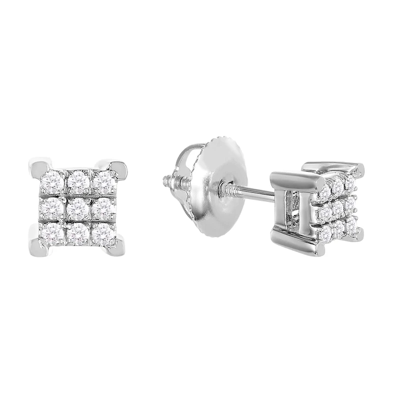 10K White Gold Square Shape Cluster Diamond Studs