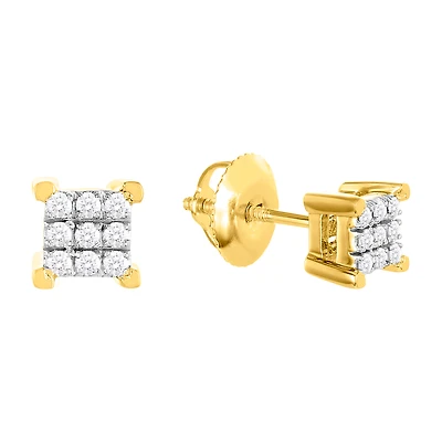 10K Yellow Gold Square Shape Cluster Diamond Studs