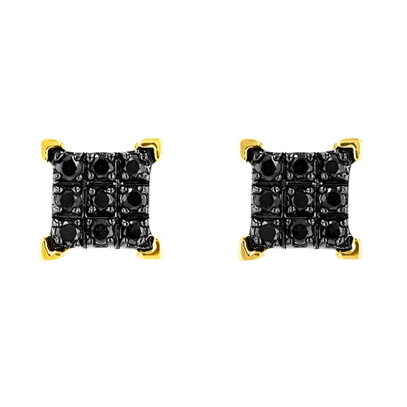 14K Yellow Gold Square Shape Cluster Black Diamond Studs
