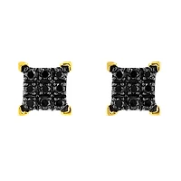 14K Yellow Gold Square Shape Cluster Black Diamond Studs