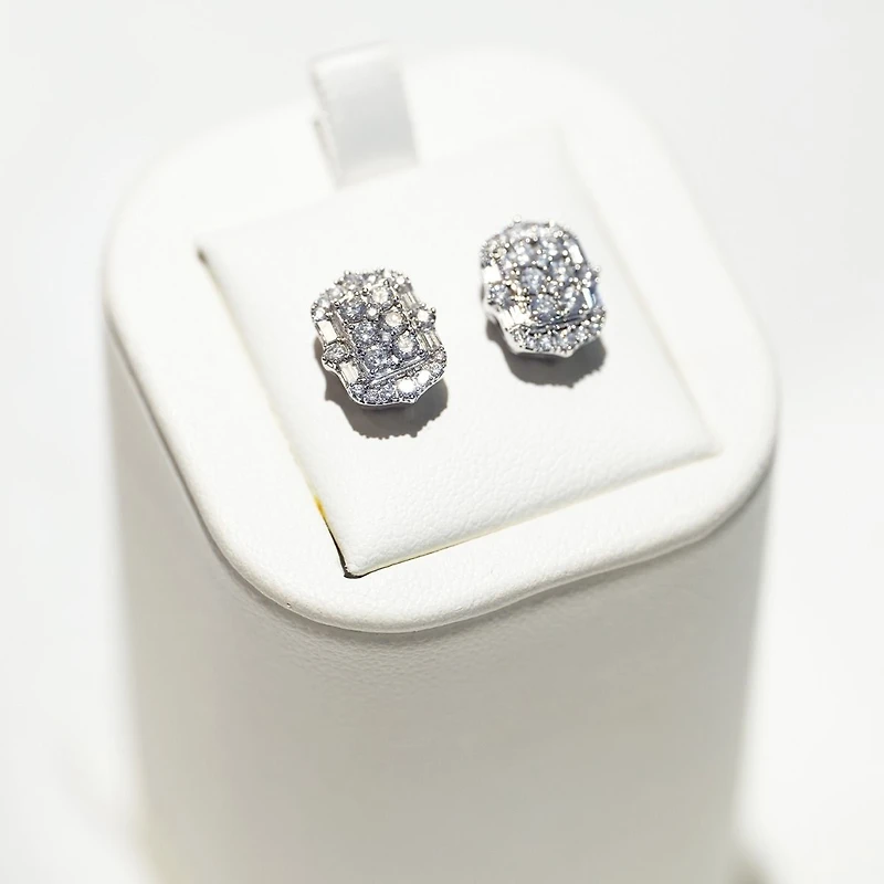 14K Two Tone Gold Emerald Shaped Diamond Studs