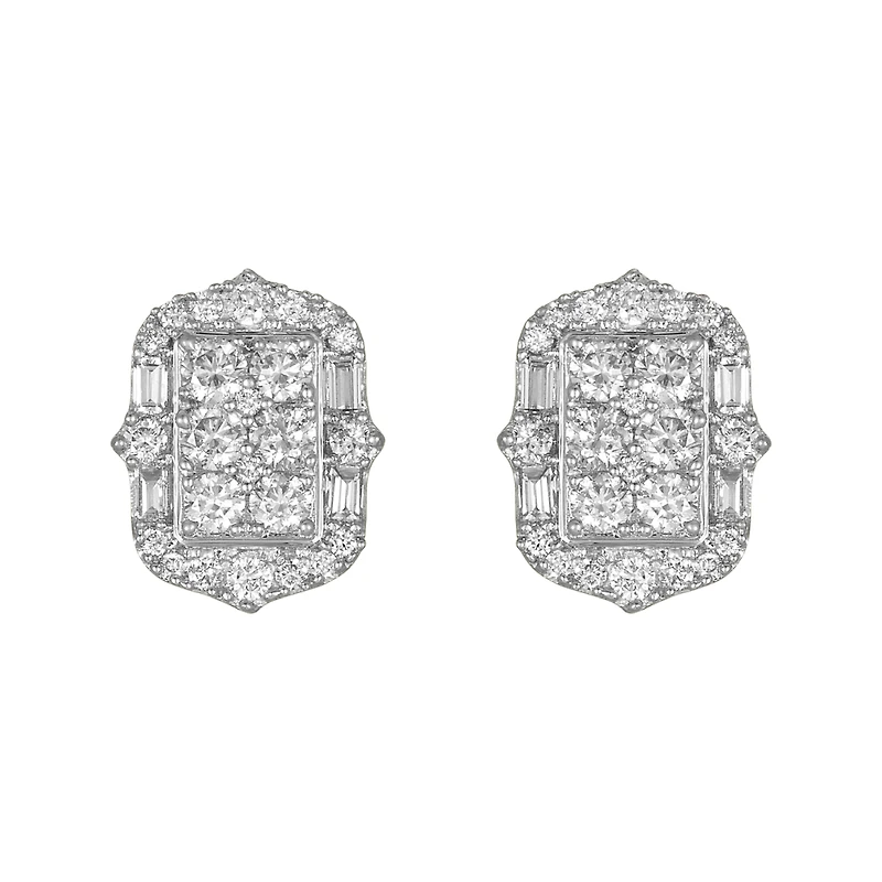 14K Two Tone Gold Emerald Shaped Diamond Studs