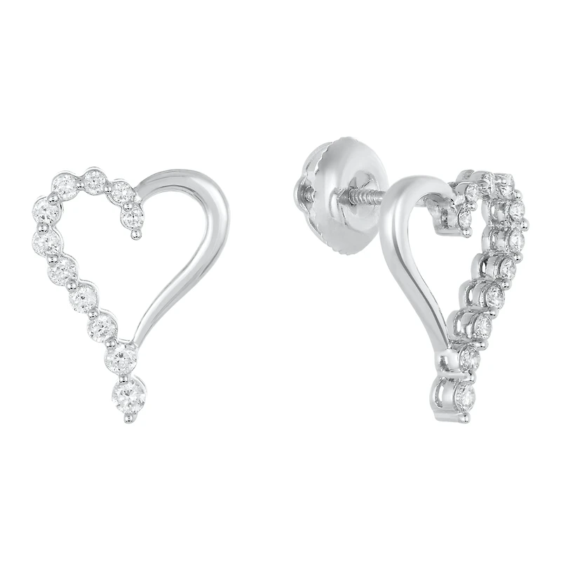 14K White Gold Journey Heart Diamond Studs
