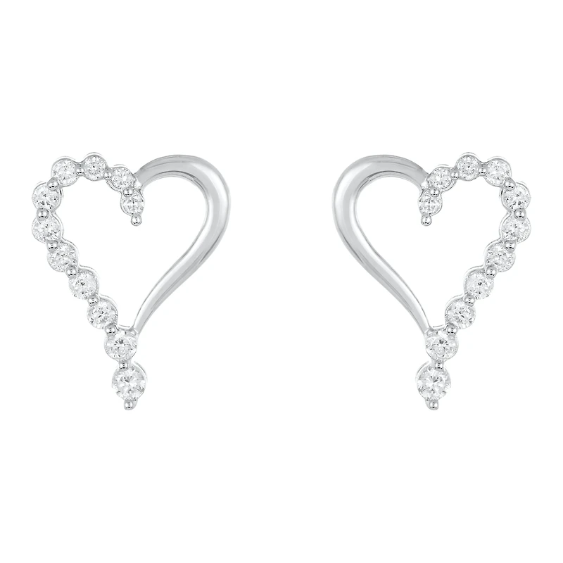 14K White Gold Journey Heart Diamond Studs