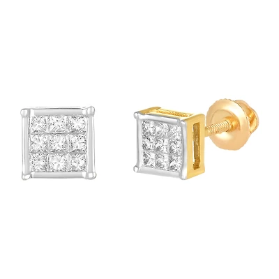14K Yellow Gold Square Shaped Diamond Stud Earrings