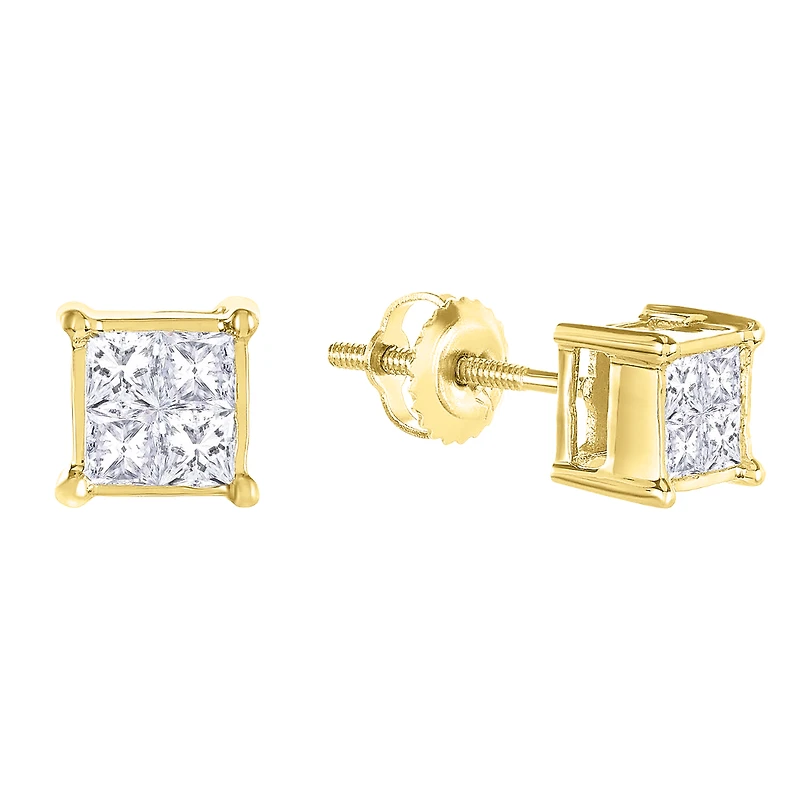 14K Yellow Gold Quad Head Diamond Stud Earrings