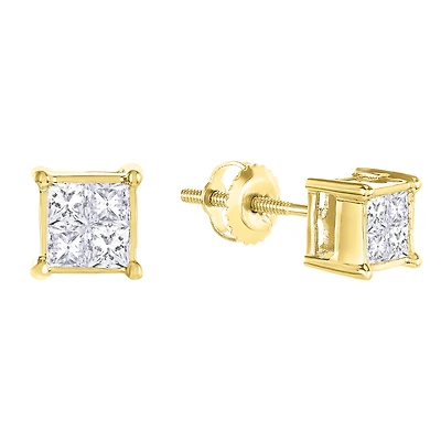 14K Yellow Gold Quad Head Diamond Stud Earrings