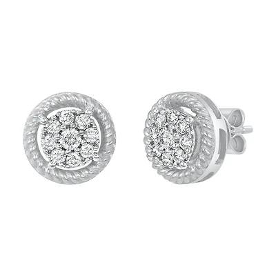 14K White Gold Round Cluster Cable Earrings