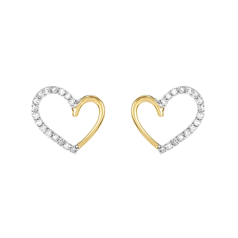 14K Yellow Gold Diamond Heart Stud Earrings