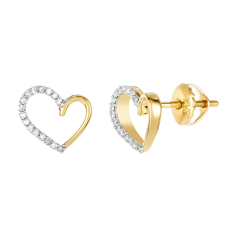 14K Yellow Gold Diamond Heart Stud Earrings