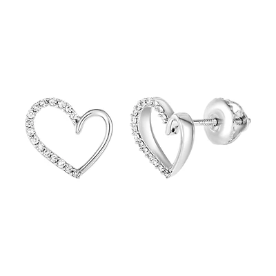 14K White Gold Diamond Heart Stud Earrings