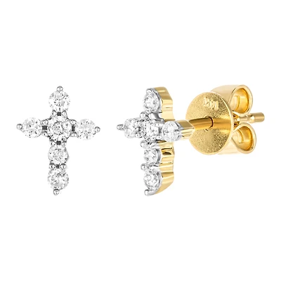 14K Yellow Gold Diamond Cross Earrings