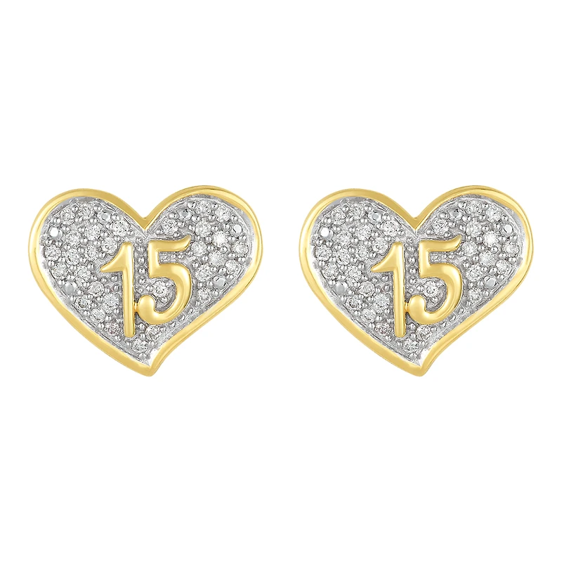 14K Two Tone Gold Heart "15" Quinceañera Diamond Earrings