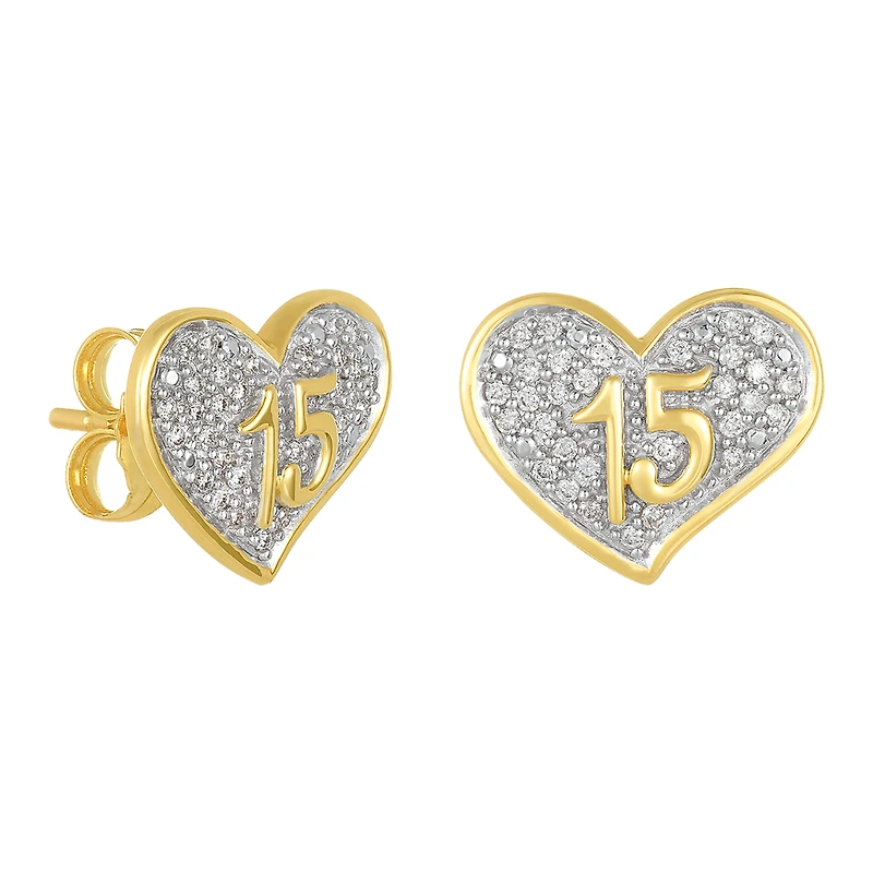 14K Two Tone Gold Heart "15" Quinceañera Diamond Earrings
