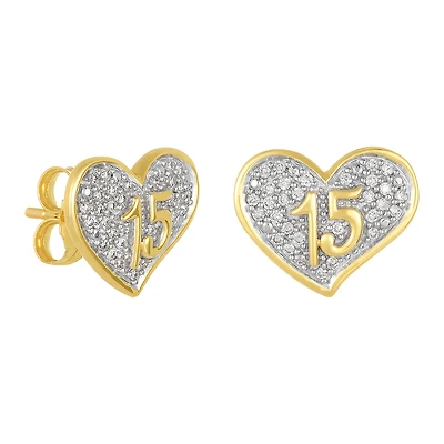 14K Two Tone Gold Heart "15" Quinceañera Diamond Earrings