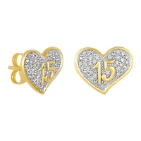 14K Two Tone Gold Heart "15" Quinceañera Diamond Earrings