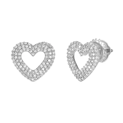 14K White Gold Pave Heart Cut-Out Diamond Earrings