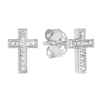 14K White Gold Milgrain Cross Diamond Stud Earrings