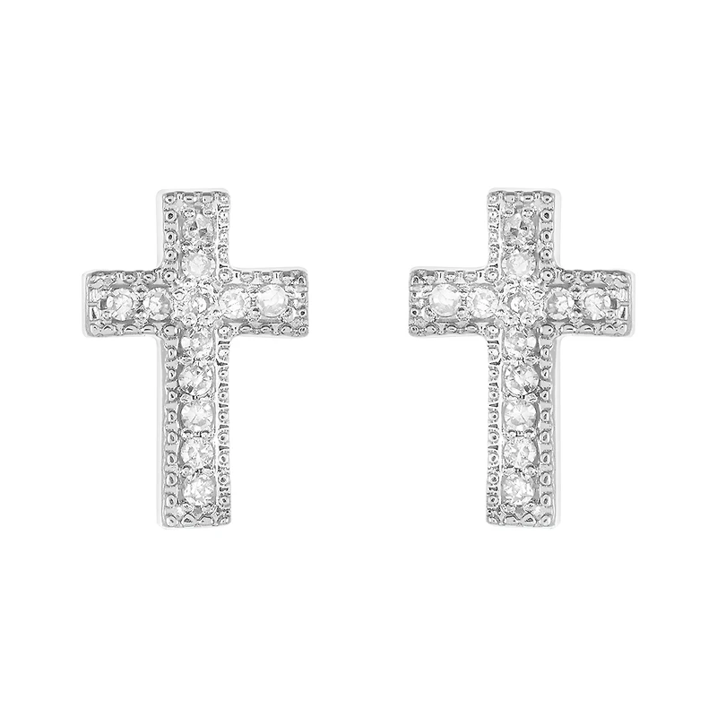 14K White Gold Milgrain Cross Diamond Stud Earrings